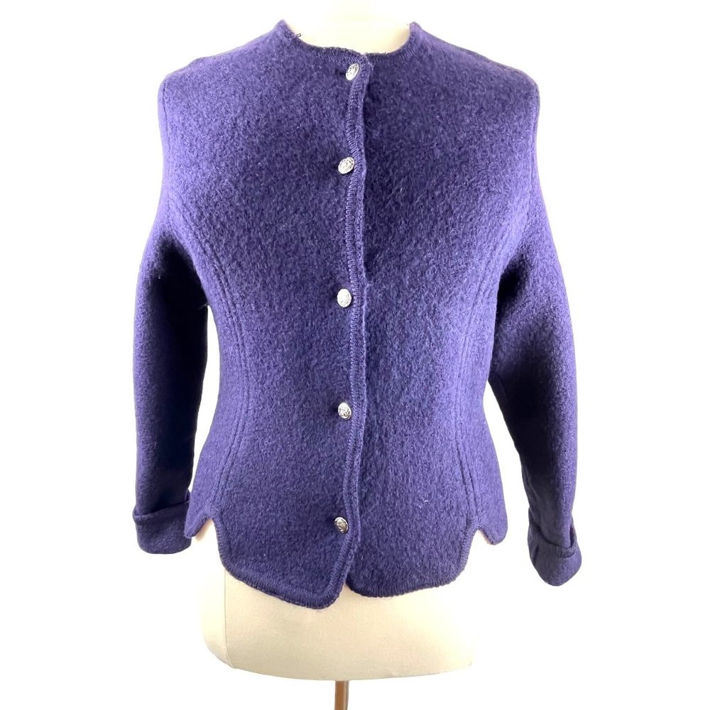 Vintage 70's Austrian Geiger Tyrol Blue Wool Cardigan Sweater, Women’s Small